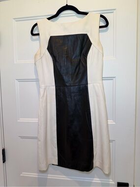 Milly Cream and Black Faux Leather Panel Mini Dress